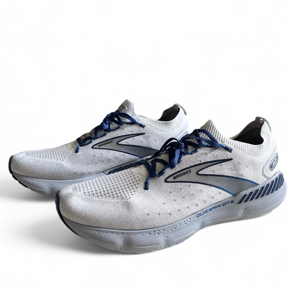 Brooks Glycerin StealthFit GTS 20 Running Shoe Oyster Grey Alloy Blue Mens US 15